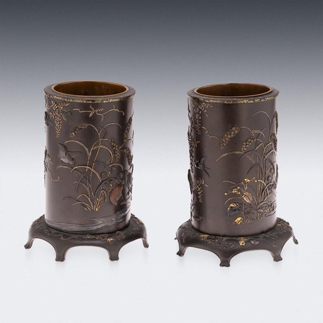Antique Japanese Meiji Inlaid Bronze Cylindrical Brush Pots, 19th Century, Set of 2 For Sale - Image 6 of 18