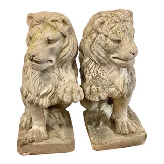 1960s Pair of Weathered and Patinated Cast Stone / Concrete Lions Garden Statues For Sale