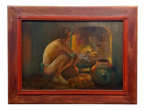 1950s Native American Oil Painting, Taos Pueblo Indian by the Fireplace