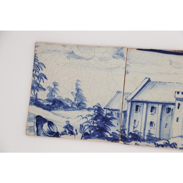 19th-Century set of four tiles depicting a fortress and a man wearing a hat, greeting, in the Portuguese Baroque. Circa:...