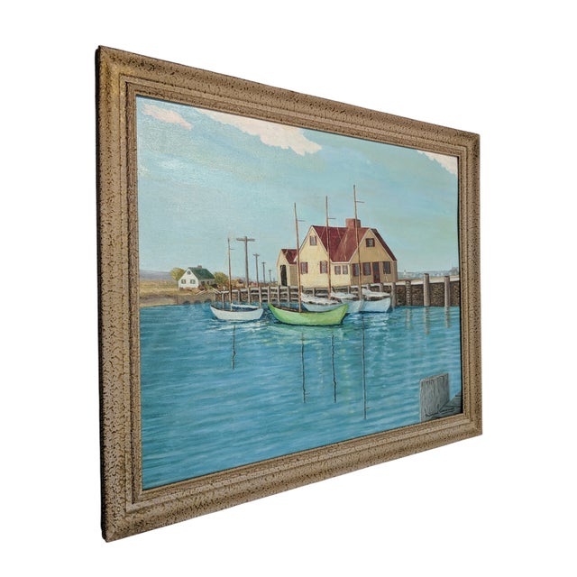 Original Coastal Seascape Harbor and Wharf Painting Signed For Sale - Image 4 of 9