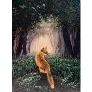 Fox's Trail by Andrada Trapnell | Oil on Board Fox in a forest clearing with tall grass. For Sale