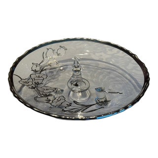 Vintage Silver City Glass Co. "Blue Bells" Sterling Silver Overlay Tri-Footed Bowl, C. 1950 For Sale