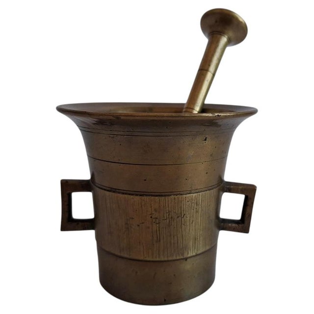 Antique Art Deco Brass Apothecary Mortar and Pestle, Former Czechoslovakia, 1930s, Set of 2 For Sale - Image 17 of 17
