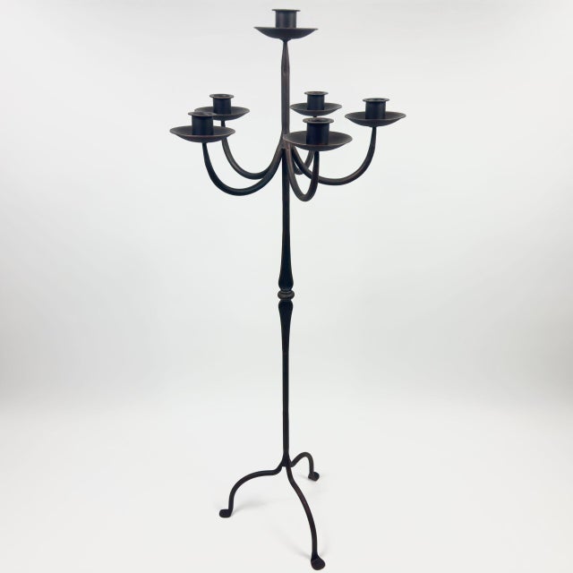 Hand Forged Iron Floor Candelabra 44.5″ (113cm) Antique Copper Patina 6-Arm Grand Cluster Candle Holder Decor For Sale - Image 6 of 7