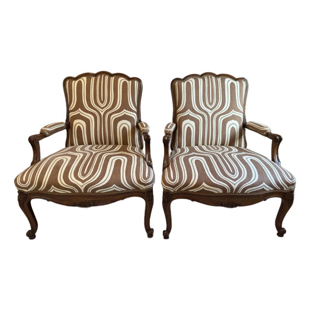 Pair of Exquisite Antique Louis XV Style Bergere Upholstered Arm Chairs For Sale