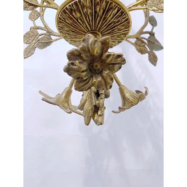 French Provincial Vintage Mid 20th Century Decorative Floral Brass Pendant Chandelier For Sale - Image 3 of 11