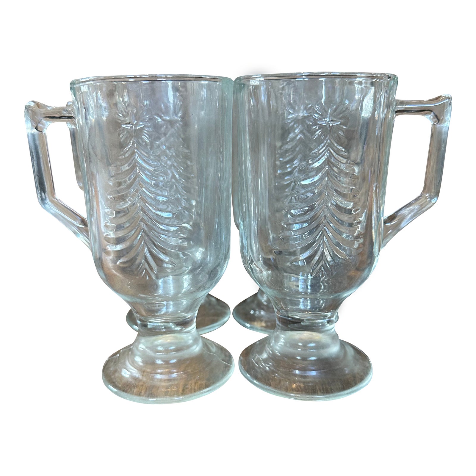 Vintage Indiana Clear Glass Irish Coffee Mugs With Trees Pedestal