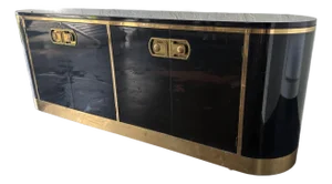 1970s Rare Mastercraft Brass Shield Pull Credenza — Racetrack Form