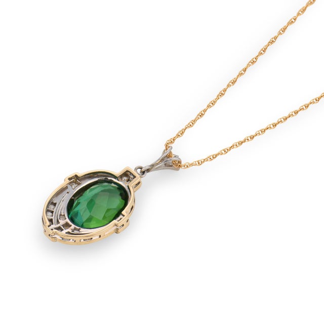 1910s 1910s Edwardian Tourmaline Diamond 14k Gold Two Tone Pendant Necklace For Sale - Image 5 of 6
