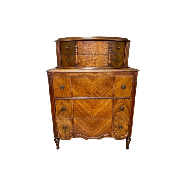 Antique c.1920's French Empire Style Dresser. Mahogany and burl wood "Chest on Chest" design with 5 spacious drawers (2...