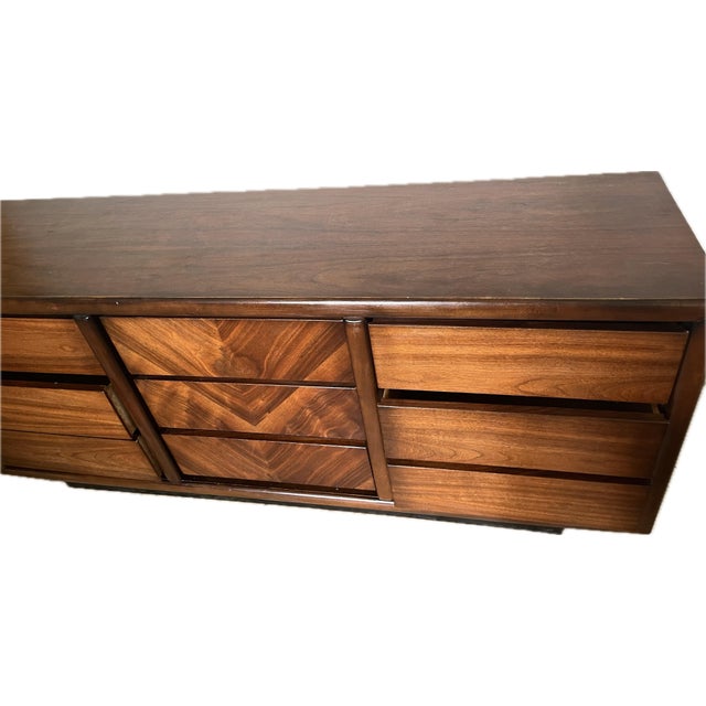 Lane Furniture Mid-Century Modern Chevron Book-Matched Walnut Dresser by Lane Alta Vista Furniture Company, C. 1970’s For Sale - Image 4 of 12