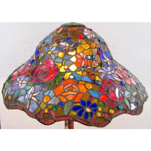 1970s Vintage Tiffany Style Stained Glass Roses Poppies Cabochons Bell Lampshade For Sale - Image 5 of 18