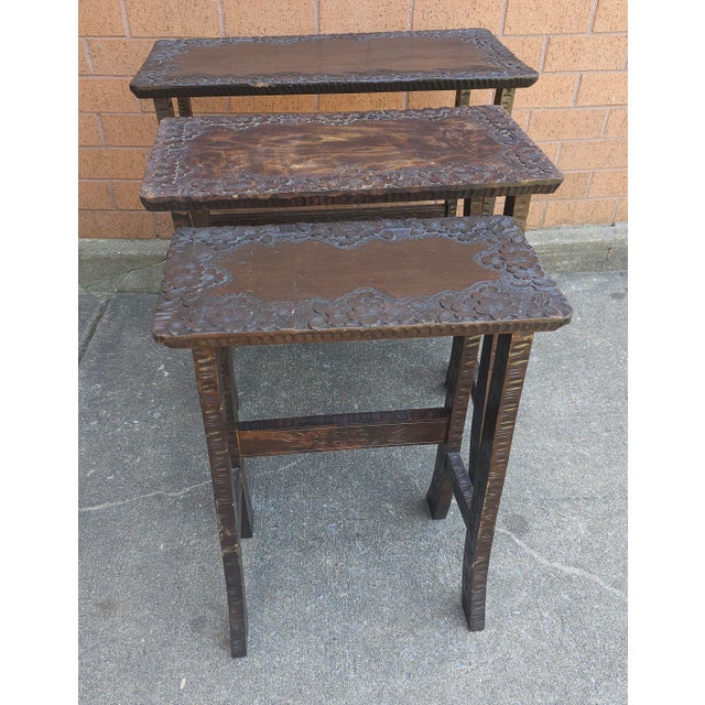 Set of 3 Jacobean Style Hancrafted Carved Walnut Nesting Tables | Chairish