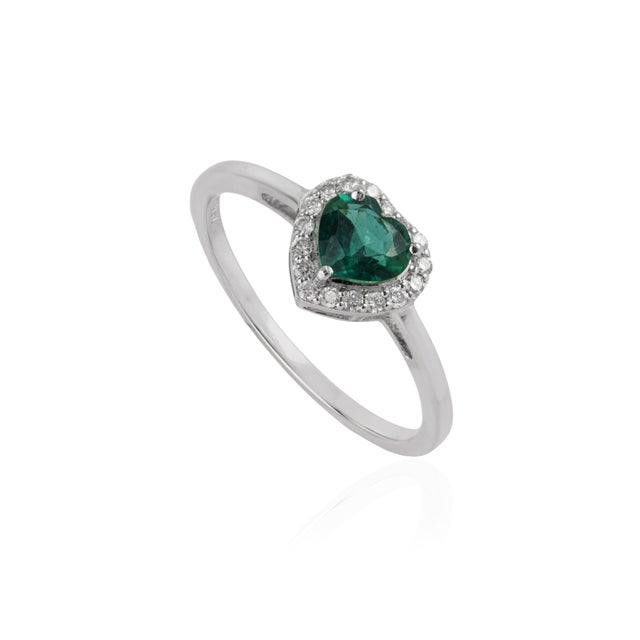 Art Deco Heart Cut Emerald & Diamond Promise Ring Size 6 in 18k White Gold For Sale - Image 4 of 16