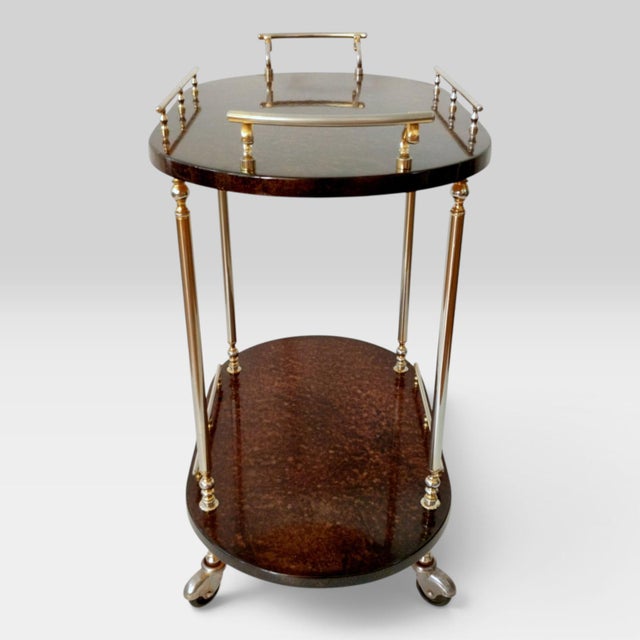 Mid-Century Modern Italian Serving Trolley Bar Cart in Lacquered Goatskin Parchment, 1960s For Sale - Image 10 of 18