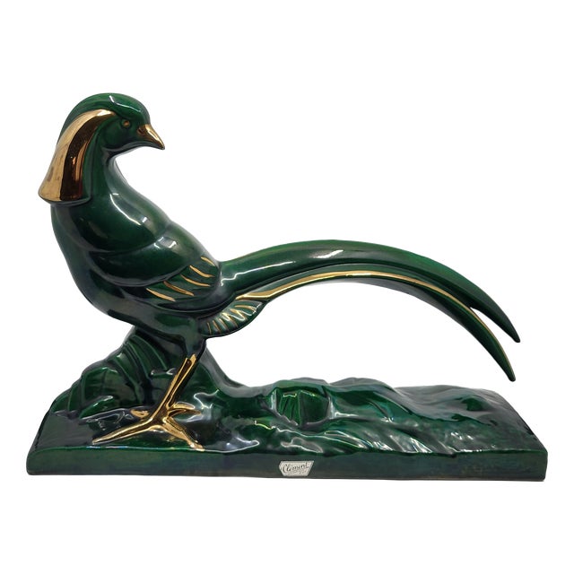 Lemanceau Charles, Sculpture Royal Pheasant by Charles Lemanceau for the Saint Clément Factory (C. 1930), 1920s, Ceramic & Enamel & Gold Leaf For Sale