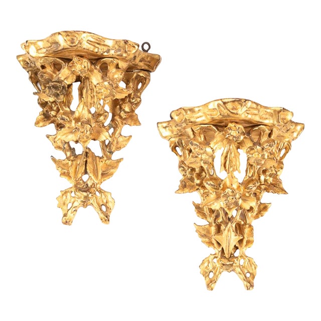 Pair of Antique Italian Giltwood Corbel Wall Bracket Sconces For Sale