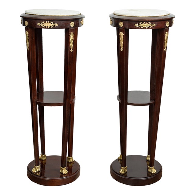 Antique Napoleon III Pedestals in Mahogany with Marble Tops, France, 19th Century, Set of 2 For Sale