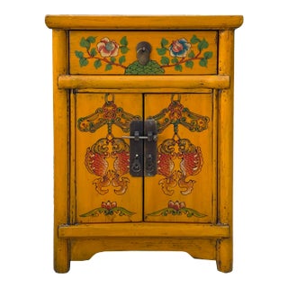Chinese Distressed Mango Yellow Fishes Graphic End Table Nightstand For Sale