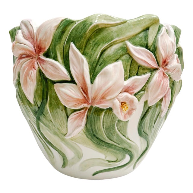 Vintage Italian Pink Iris Planter Cachepot For Sale