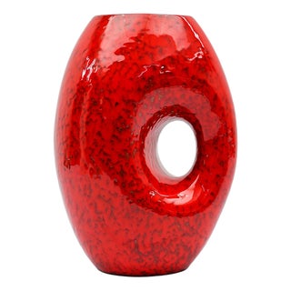 Vintage Red and White Fat Lava Vase, 1950s For Sale