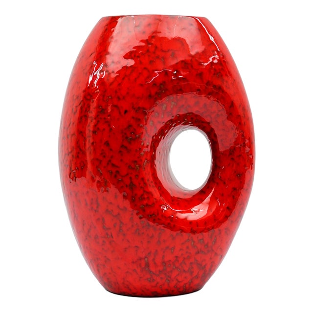 Vintage Red and White Fat Lava Vase, 1950s For Sale