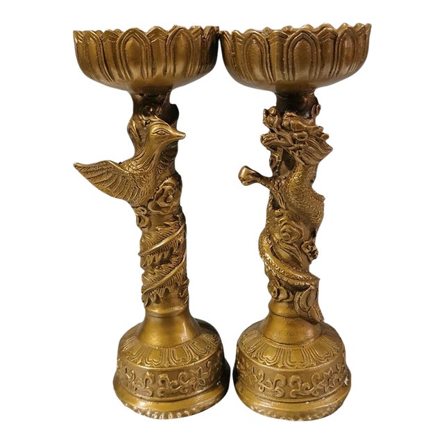 1970s Brass Dragon & Phoenix Candle Holders, Pair of Lotus Top Candlesticks For Sale