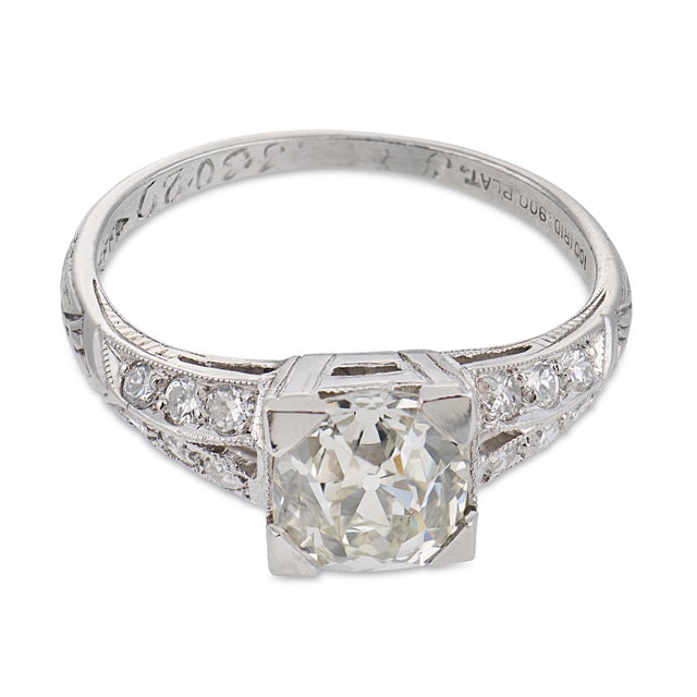 Art Deco 1930s Art Deco Gia 1.35 Carat Old Mine Cut Diamond Platinum Engagement Ring, Size 5 For Sale - Image 3 of 8