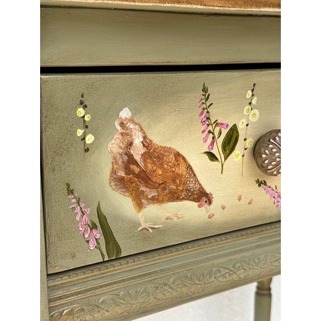 Cottagecore Console Table • Hand Painted Hen Garden Heirloom Entryway Table For Sale In Orlando - Image 6 of 8