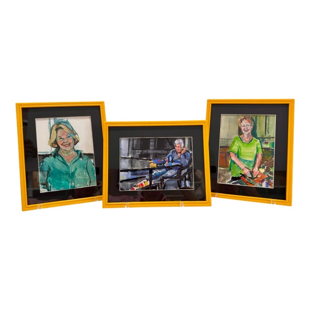 Set of 3 Contemporary Framed Portrait Paintings in Yellow Frames For Sale