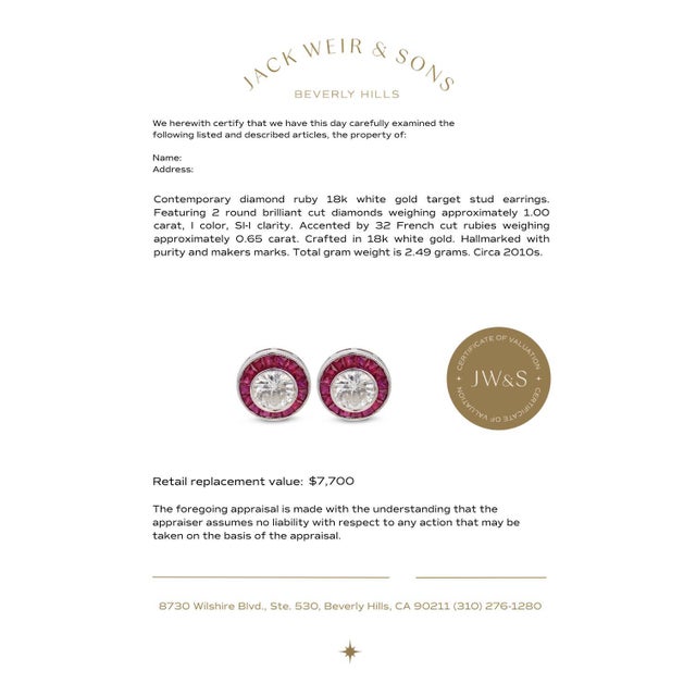 Metal Contemporary Diamond Ruby 18k White Gold Target Stud Earrings, A Pair For Sale - Image 7 of 7