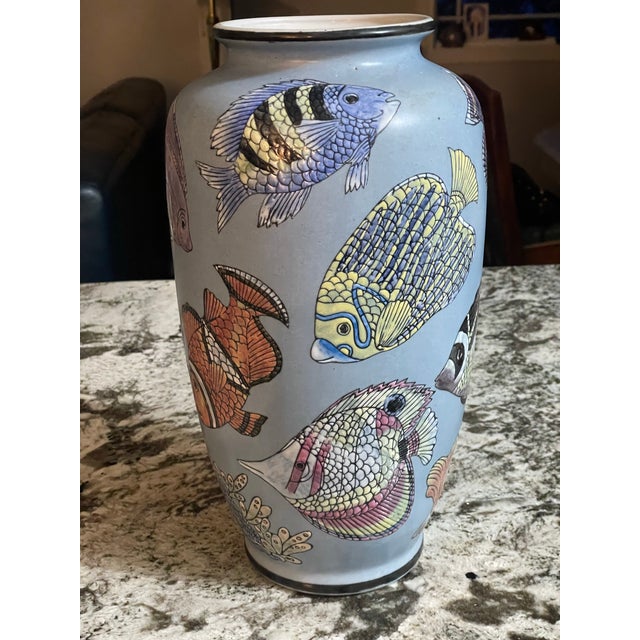 Coastal 12” Tall Blue Vase With Intricately Carved & Hand Painted Tropical For Sale - Image 3 of 7