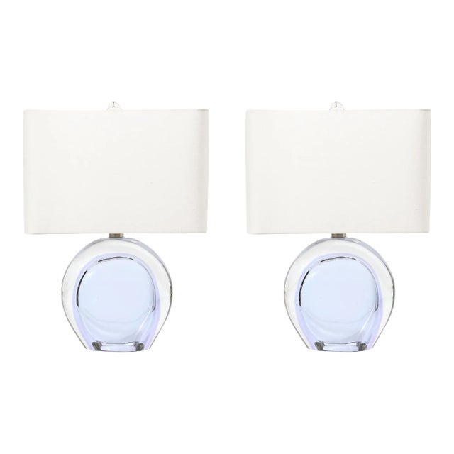 Pair of Modernist Hand-Blown Murano Pale Lavender Glass & Nickel Table Lamps For Sale