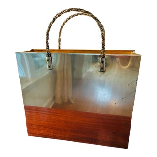 Vintage Brass Shopping Bag Sculture or Magazine Holder With Braided Handles 70's For Sale