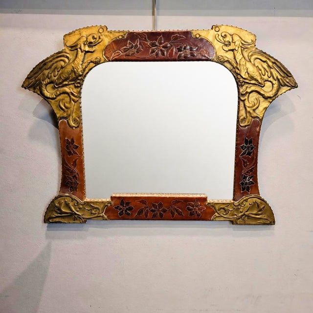 Gilded Brass and Leather Mirror, after Gabriel Viardot, Art Nouveau, early 20th century – France Materials: Wood, brass,...