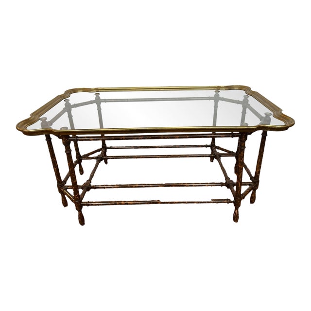 Classic Faux Bamboo Brass & Glass Tray Top Coffee Table For Sale