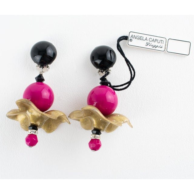 Angela Caputi Angela Caputi Fuchsia and Gold Dust Resin Dangle Flamenco Floral Clip Earrings For Sale - Image 4 of 8