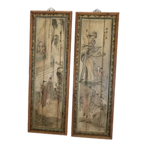 19th Century Antique Chinoiserie Figurative Distressed Painted Panels -A Pair