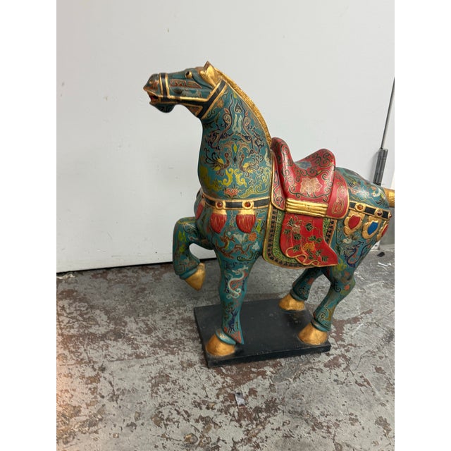 Wood Chinese Republic Period-Style Cloisonné Painted Wooden Horse, Vintage For Sale - Image 7 of 13