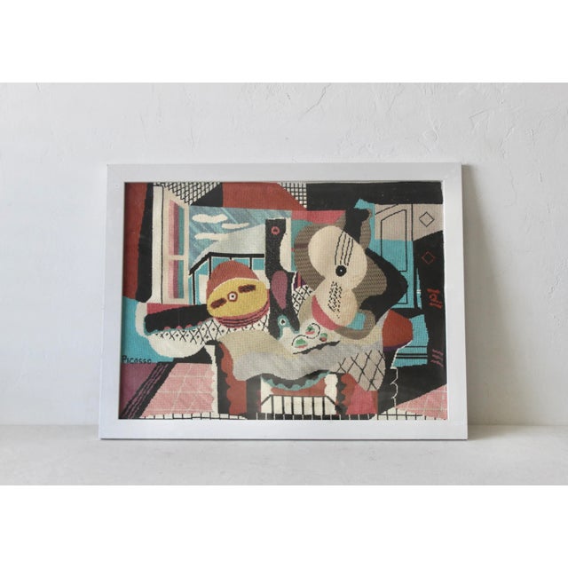 Cubism Vintage "Mandolin and Guitar" Picasso Needlepoint Tapestry Framed Mid Century For Sale - Image 3 of 12