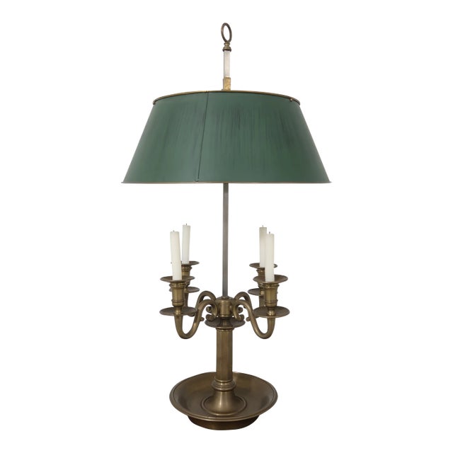 Brass 4 Arm Candelabra Lamp W. Toleware Shade For Sale