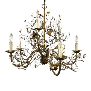 Vintage Twisting Branch Bronze Painted Tole 9-Light Chandelier With Teardrop Prisms For Sale