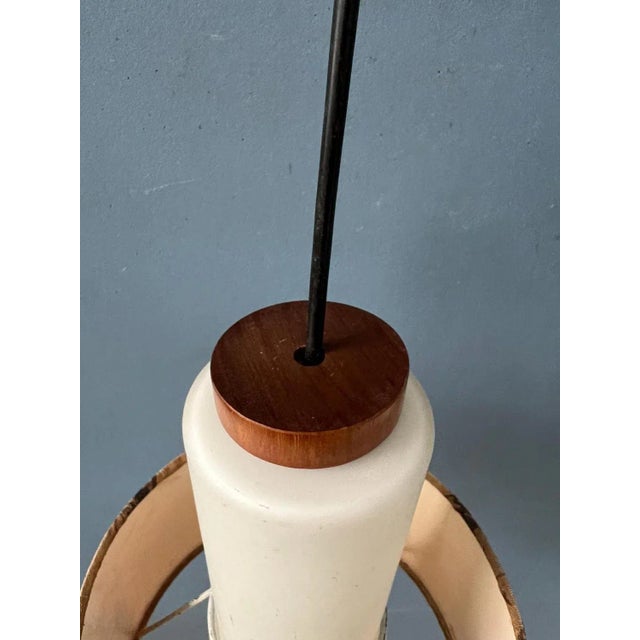 Mid-Century Opaline Glass Pendant Lamp with Beige Fabric Jungle Shade For Sale - Image 10 of 11