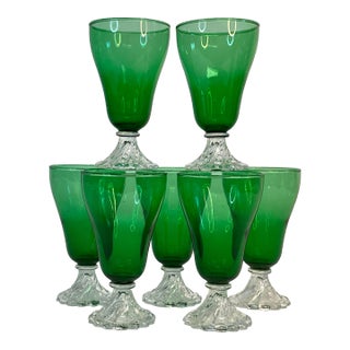 Antique Art Deco Depression Green Glass Toasting Goblets/Parfait Cups - Set of 7. For Sale