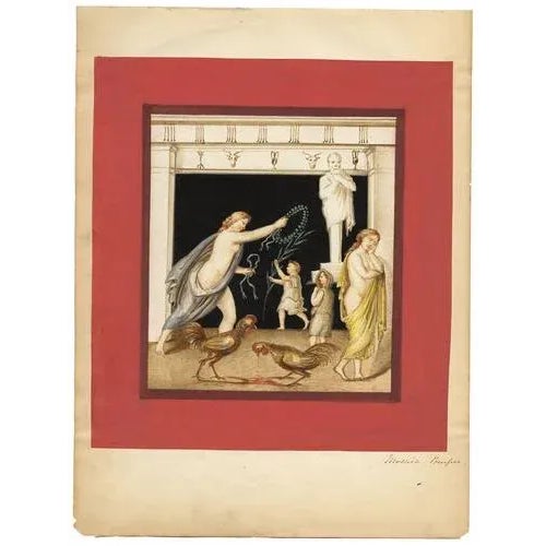 An original early 19th-century gouache painting, Neapolitan School, Pompeii Mosaic: Cockfighting Scene.A gorgeously vivid...