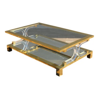 Vintage 1970s Hollywood Regency Brass Lucite & Glass Two-Tier Coffee Table For Sale