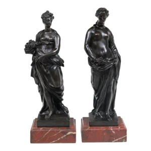 Antique 19th Century French Neoclassical Grand Tour Bronze Figures of the Seasons on Rouge Marble - a Pair