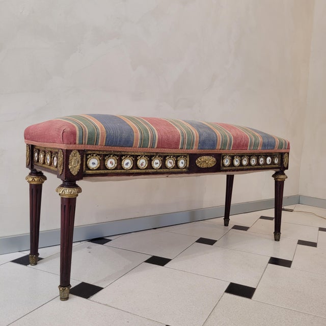 Brown Louis XVI Style Dressing Bench in Beech, Bronze and Porcelain, France, 1850 For Sale - Image 8 of 18