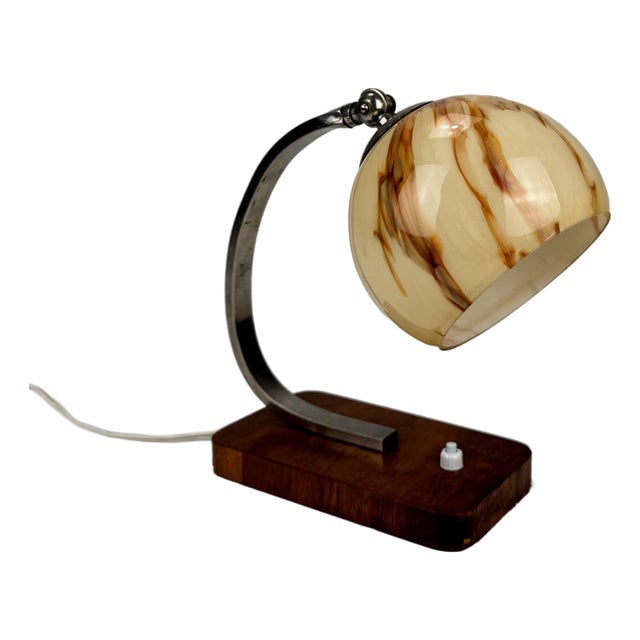 Art Deco Wood and Marble Glass Table Lamp, 1940s For Sale